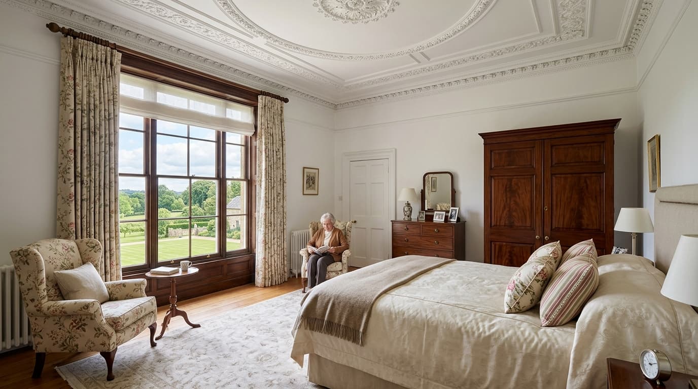 Peaceful, well-appointed private en-suite bedroom prepared for a recuperative respite stay
