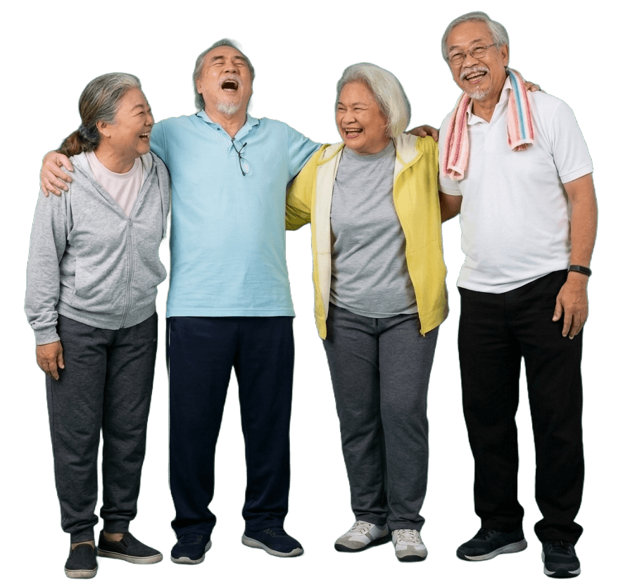 Four smiling residents laughing together at Stewton House