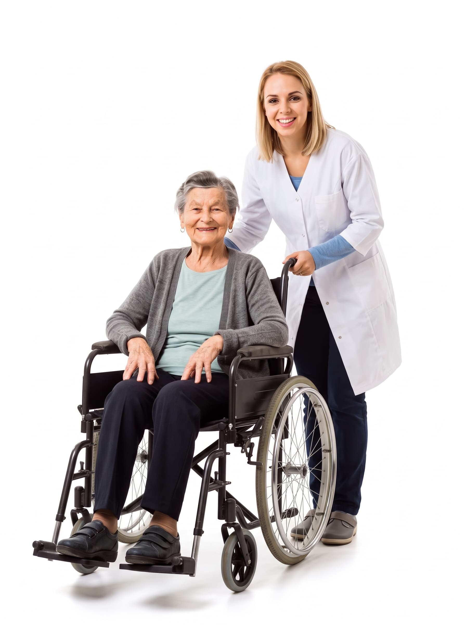 Resident in wheelchair enjoying a scenic stroll with caregiver through accessible parkland grounds