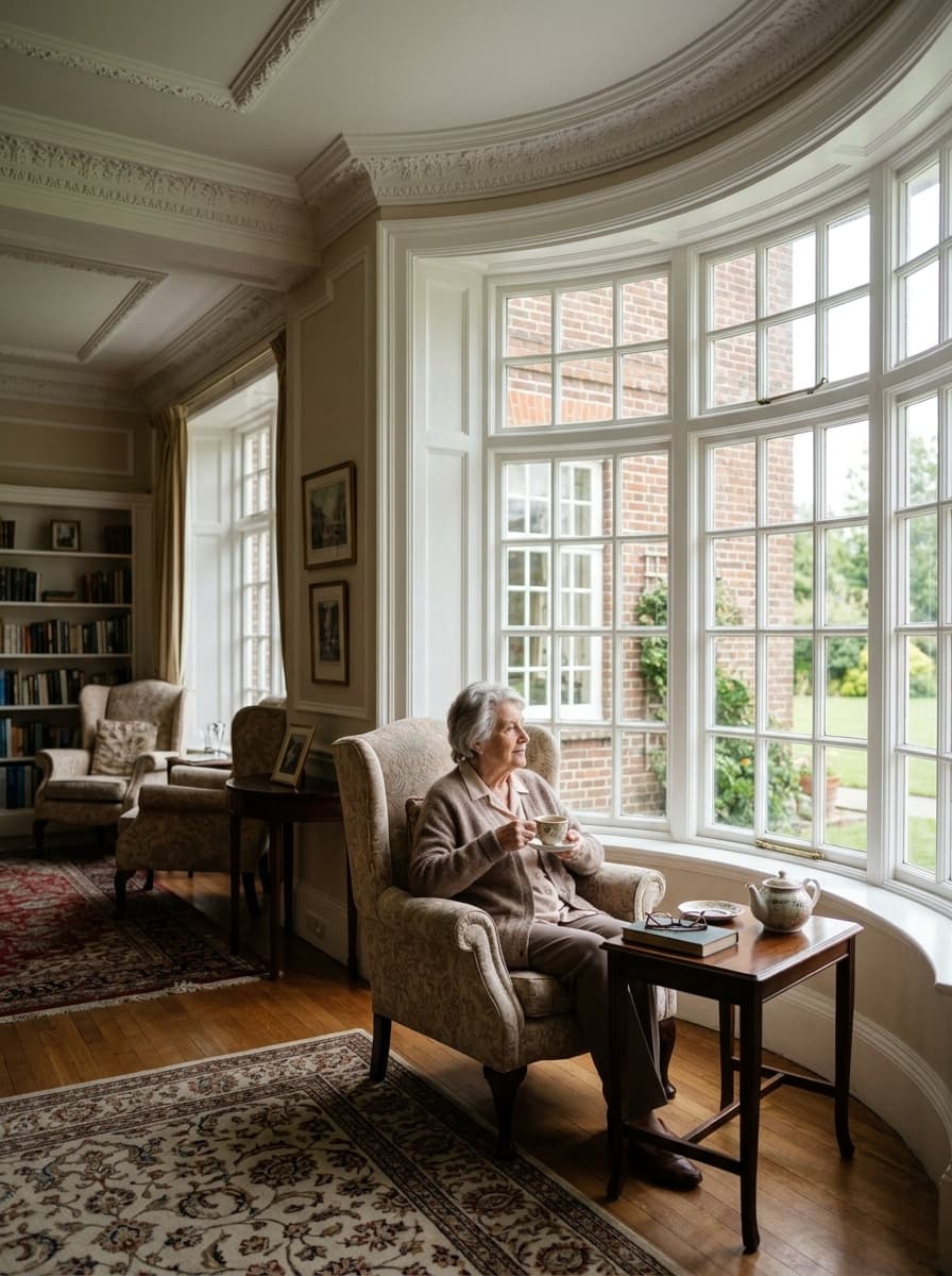 Resident enjoying tea in an armchair by the sunlit Georgian bay window in Stewton House